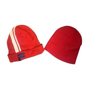 2 FILA & MIX IT Bundle 2 Red Knit Soft Beanie Caps Hats One Size Outdoors EUC